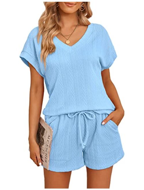 MEROKEETY Womens Short Sleeve Pajama Set Cable Knit Drawstring Tops and Shorts Loungewear