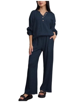Womens 2 Piece Outfits Long Sleeve Knit Sweater Lounge Set Slouchy Pajama Set Cozy Loose Loungewear with Pockets