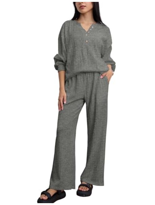 Ekouaer Womens 2 Piece Outfits Long Sleeve Knit Sweater Lounge Set Slouchy Pajama Set Cozy Loose Loungewear with Pockets