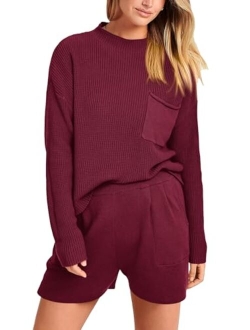 Women 2 Piece Knit Sweater Outfit Long Sleeve Pullover Top Wide Leg Shorts Loungewear Sweatsuits Set