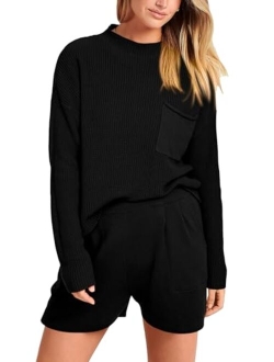 Women 2 Piece Knit Sweater Outfit Long Sleeve Pullover Top Wide Leg Shorts Loungewear Sweatsuits Set