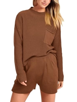 Women 2 Piece Knit Sweater Outfit Long Sleeve Pullover Top Wide Leg Shorts Loungewear Sweatsuits Set