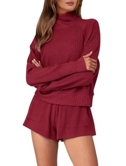 Womens 2023 Waffle Knit Lounge Set 2 Piece Outfits Long Sleeve Tops and Shorts Fall Loungewear Sets with Pockets