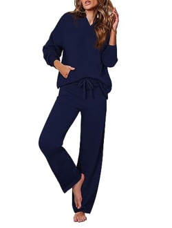 Viottiset Women's 2 Piece Outfits Sweater Set Long Sleeve Hoodies With Pocket Wide Leg Pants Lounge Sets Sweatsuit