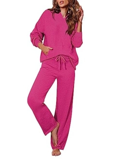 Viottiset Women's 2 Piece Outfits Sweater Set Long Sleeve Hoodies With Pocket Wide Leg Pants Lounge Sets Sweatsuit