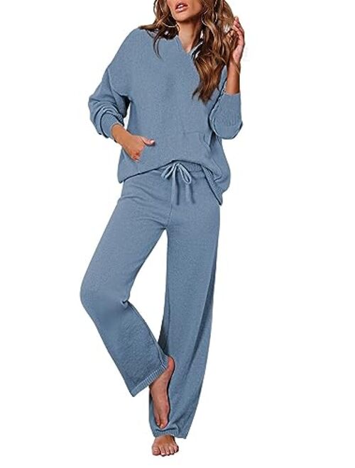 Viottiset Women's 2 Piece Outfits Sweater Set Long Sleeve Hoodies With Pocket Wide Leg Pants Lounge Sets Sweatsuit