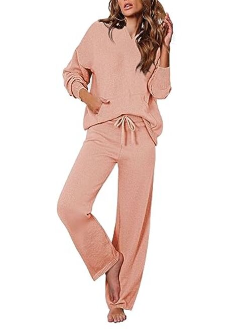 Viottiset Women's 2 Piece Outfits Sweater Set Long Sleeve Hoodies With Pocket Wide Leg Pants Lounge Sets Sweatsuit