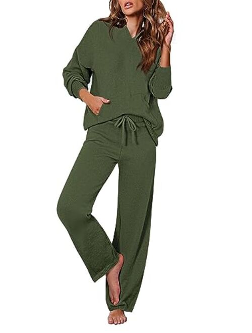 Viottiset Women's 2 Piece Outfits Sweater Set Long Sleeve Hoodies With Pocket Wide Leg Pants Lounge Sets Sweatsuit