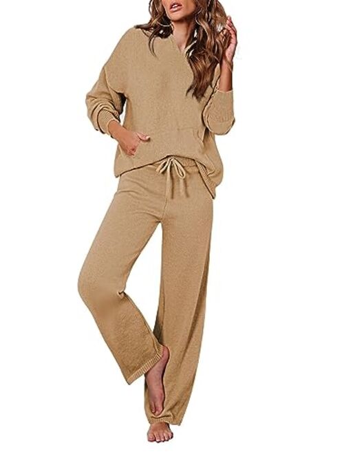 Viottiset Women's 2 Piece Outfits Sweater Set Long Sleeve Hoodies With Pocket Wide Leg Pants Lounge Sets Sweatsuit