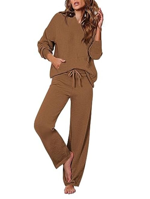 Viottiset Women's 2 Piece Outfits Sweater Set Long Sleeve Hoodies With Pocket Wide Leg Pants Lounge Sets Sweatsuit