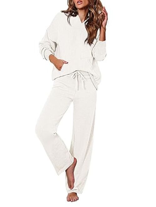 Viottiset Women's 2 Piece Outfits Sweater Set Long Sleeve Hoodies With Pocket Wide Leg Pants Lounge Sets Sweatsuit