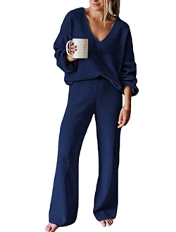 Linsery Women 2 Piece Outfits V Neck Sweater Wide Leg Sweatsuit Rib Knit Lounge Sets Leisure Wear