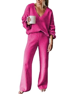 Linsery Women 2 Piece Outfits V Neck Sweater Wide Leg Sweatsuit Rib Knit Lounge Sets Leisure Wear