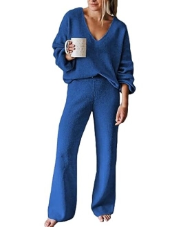 Linsery Women 2 Piece Outfits V Neck Sweater Wide Leg Sweatsuit Rib Knit Lounge Sets Leisure Wear