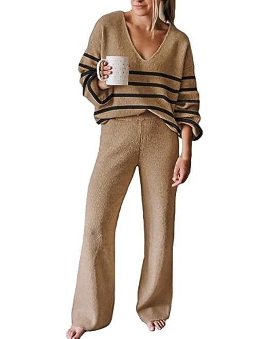 Linsery Women 2 Piece Outfits V Neck Sweater Wide Leg Sweatsuit Rib Knit Lounge Sets Leisure Wear