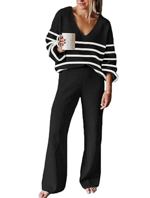 Linsery Women 2 Piece Outfits V Neck Sweater Wide Leg Sweatsuit Rib Knit Lounge Sets Leisure Wear