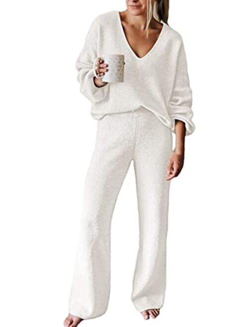 Linsery Women 2 Piece Outfits V Neck Sweater Wide Leg Sweatsuit Rib Knit Lounge Sets Leisure Wear