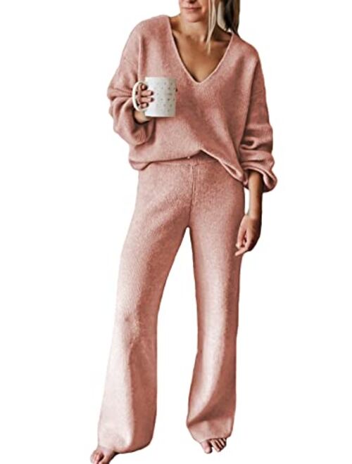 Linsery Women 2 Piece Outfits V Neck Sweater Wide Leg Sweatsuit Rib Knit Lounge Sets Leisure Wear