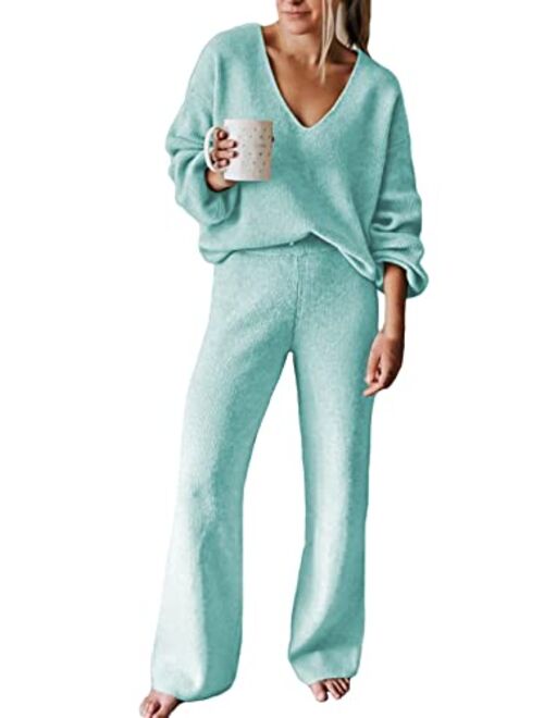 Linsery Women 2 Piece Outfits V Neck Sweater Wide Leg Sweatsuit Rib Knit Lounge Sets Leisure Wear