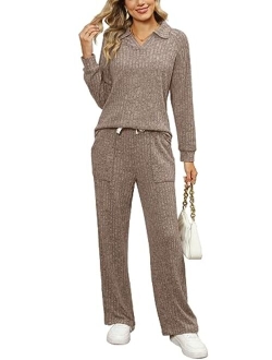 WIHOLL 2 Piece Outfits for Women Loungewear Wide Leg Pants Sweatsuits Collar V Neck Pajama Sets