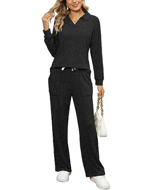 WIHOLL 2 Piece Outfits for Women Loungewear Wide Leg Pants Sweatsuits Collar V Neck Pajama Sets