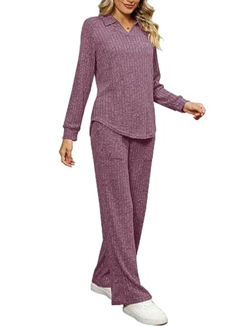 WIHOLL 2 Piece Outfits for Women Loungewear Wide Leg Pants Sweatsuits Collar V Neck Pajama Sets