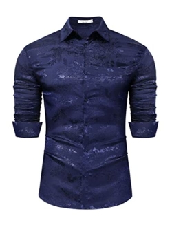 TURETRENDY Men's Floral Jacquard Dress Shirt Long Sleeve Button Down Shirts with Pocket Luxury for Wedding Party Prom