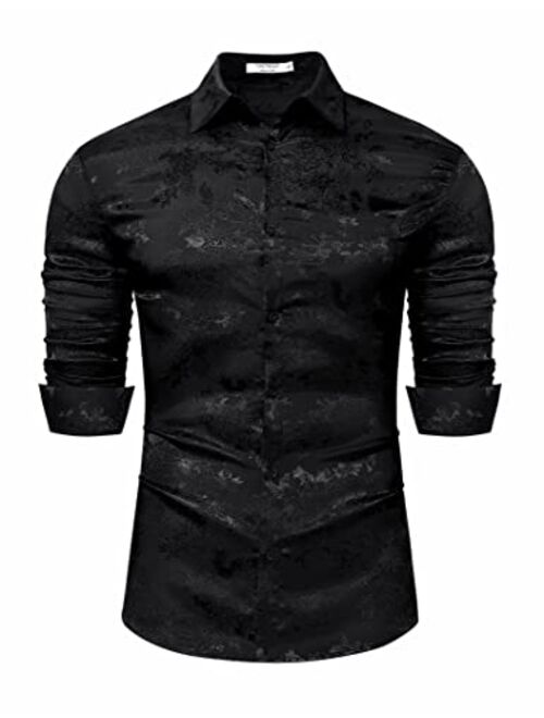 TURETRENDY Men's Floral Jacquard Dress Shirt Long Sleeve Button Down Shirts with Pocket Luxury for Wedding Party Prom