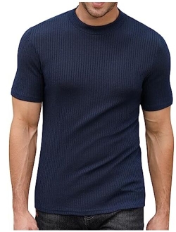 TURETRENDY Men's Stretch Muscle T Shirts Short Sleeve Solid Color Knit Tees Casual Slim Fit Basic Shirt Tops