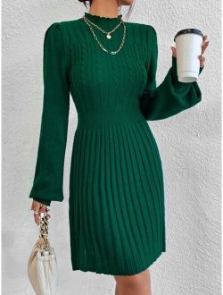 Priv Mock Neck Lantern Sleeve Cable Knit Sweater Dress