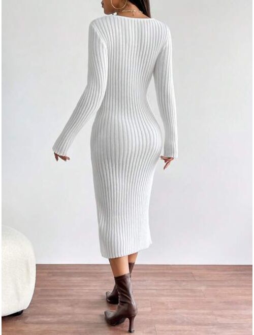 SHEIN Essnce Square Neck Split Thigh Sweater Dress Without Belt