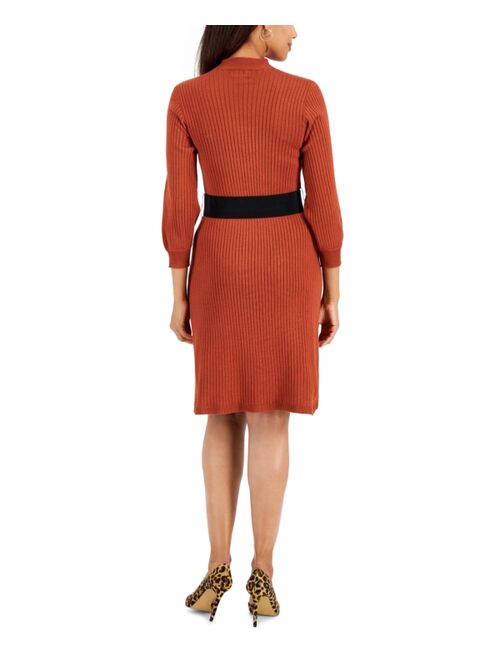 Robbie Bee Petite Mock-Neck Belted Ribbed Sweater Dress