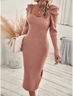 LUNE Square Neck Puff Sleeve Sweater Dress