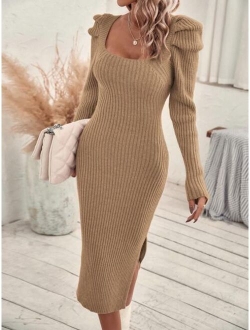 LUNE Square Neck Puff Sleeve Sweater Dress