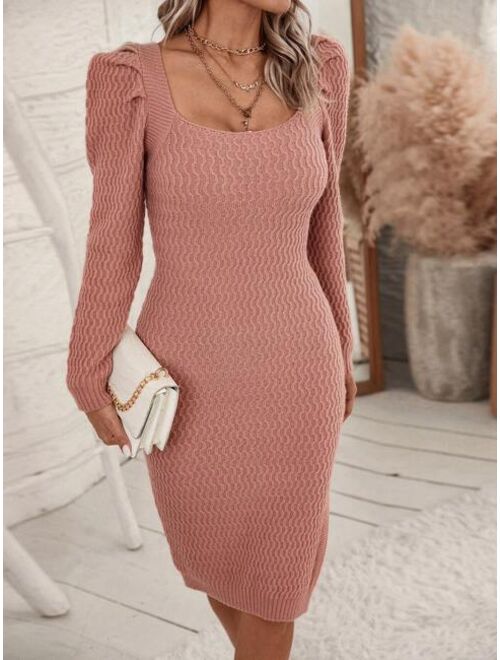 SHEIN LUNE Square Neck Puff Sleeve Sweater Dress