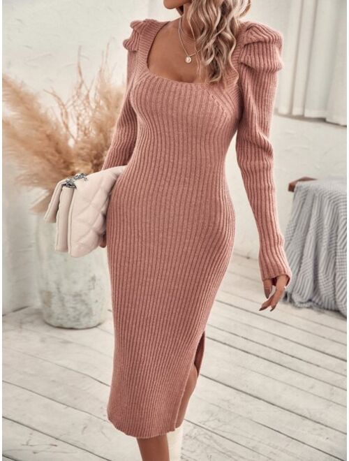 SHEIN LUNE Square Neck Puff Sleeve Sweater Dress