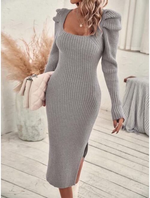 SHEIN LUNE Square Neck Puff Sleeve Sweater Dress