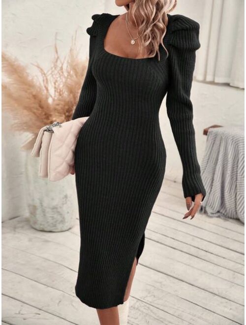 SHEIN LUNE Square Neck Puff Sleeve Sweater Dress