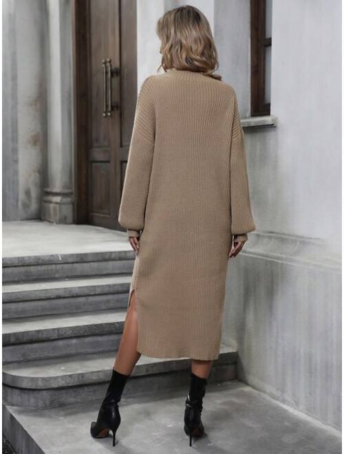 Lantern Sleeve Split Hem Sweater Dress Without Belt