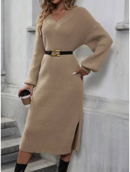 Lantern Sleeve Split Hem Sweater Dress Without Belt