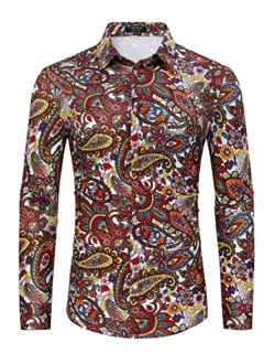 TURETRENDY Men's Paisley Floral Dress Shirt Long Sleeve Slim Fit Button Down Shirts for Prom Wedding Party