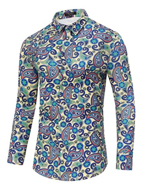 TURETRENDY Men's Paisley Floral Dress Shirt Long Sleeve Slim Fit Button Down Shirts for Prom Wedding Party