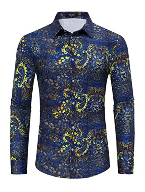 TURETRENDY Men's Paisley Floral Dress Shirt Long Sleeve Slim Fit Button Down Shirts for Prom Wedding Party