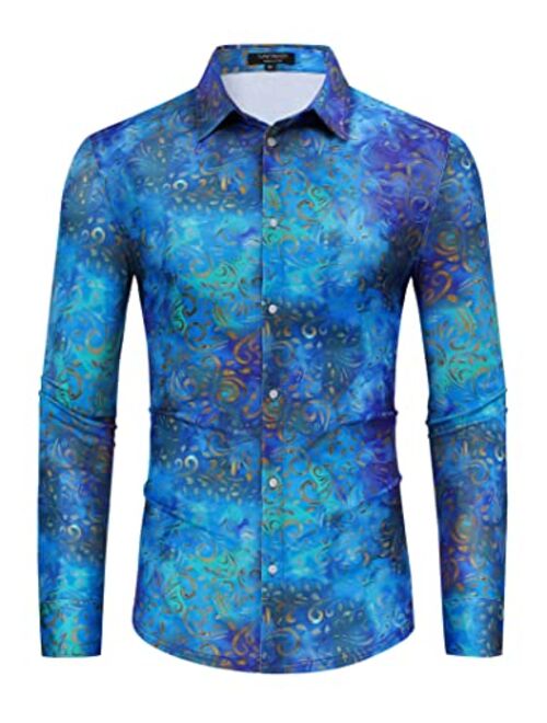 TURETRENDY Men's Paisley Floral Dress Shirt Long Sleeve Slim Fit Button Down Shirts for Prom Wedding Party