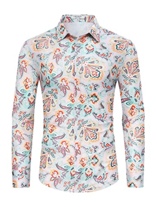 TURETRENDY Men's Paisley Floral Dress Shirt Long Sleeve Slim Fit Button Down Shirts for Prom Wedding Party