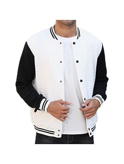 TURETRENDY Men's Varsity Jacket Casual Bomber Jackets Plaid Jacquard Letterman Baseball Jacket Outwear