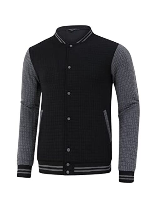 TURETRENDY Men's Varsity Jacket Casual Bomber Jackets Plaid Jacquard Letterman Baseball Jacket Outwear