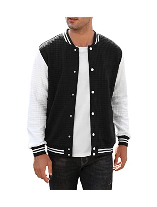 TURETRENDY Men's Varsity Jacket Casual Bomber Jackets Plaid Jacquard Letterman Baseball Jacket Outwear