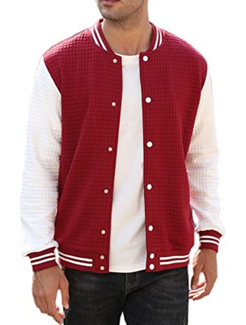 TURETRENDY Men's Varsity Jacket Casual Bomber Jackets Plaid Jacquard Letterman Baseball Jacket Outwear