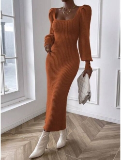 Essnce Square Neck Lantern Sleeve Ribbed Knit Bodycon Sweater Dress